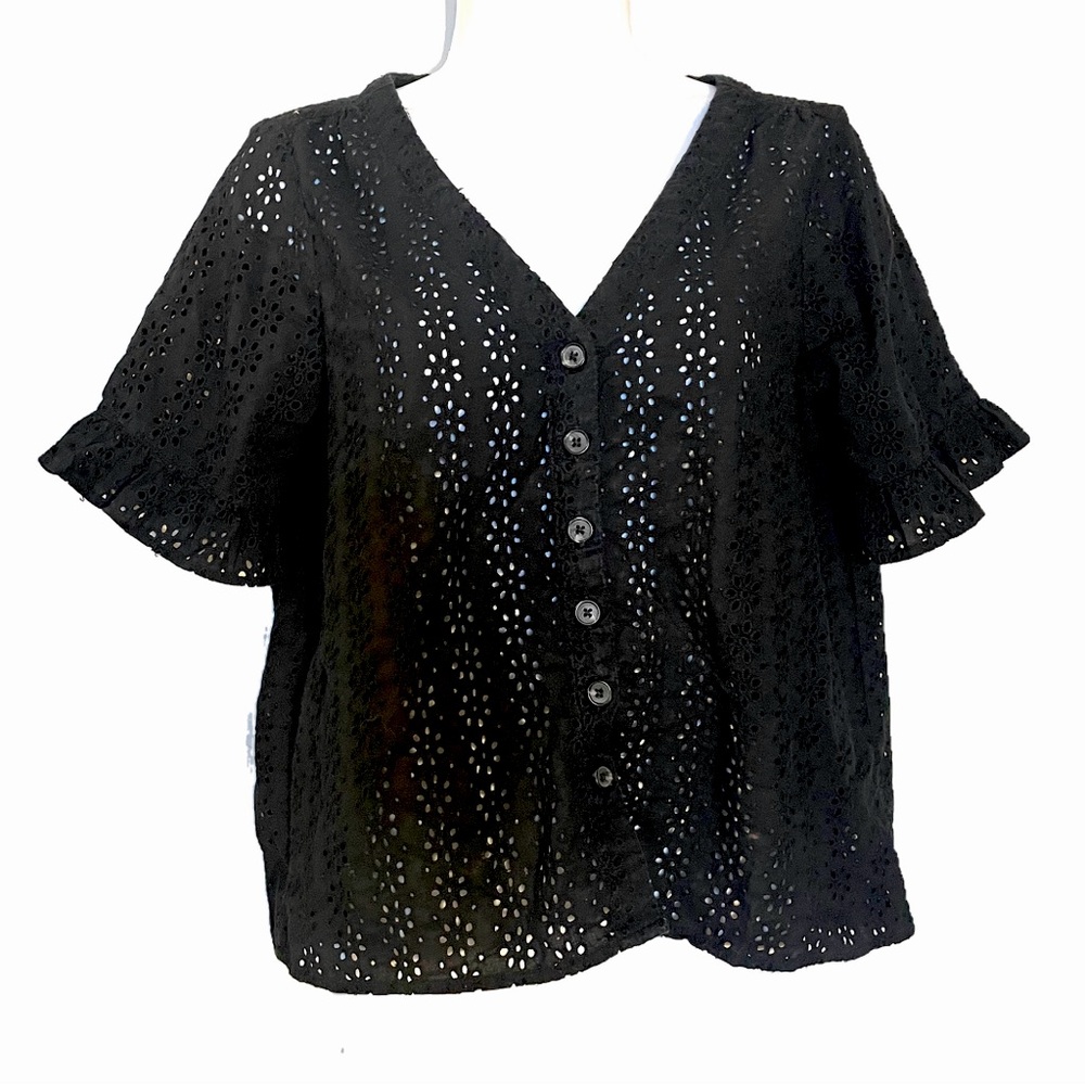 ☀️MADEWELL Short Sleeve Button Up Black Eyelet Unlined Oversized Shirt, Sz SMALL